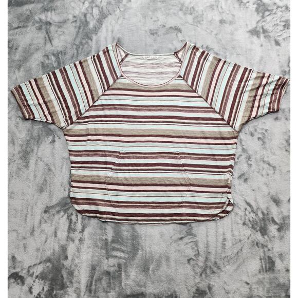 Woolrich Top Womens L Brown Blue Striped Scoop Neck Short Sleeve Kangaroo Pocket - Picture 1 of 8